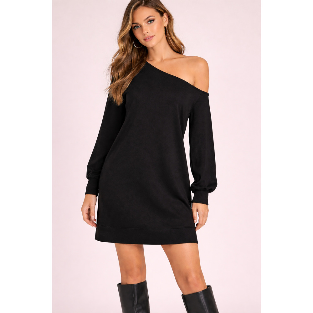 Free People Zoya One Shoulder Dress XS NWT Black Long Sleeve Mini